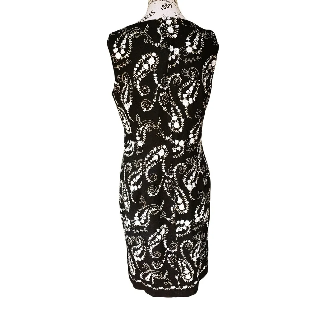 Liz Claiborne Shift Dress Womens 8 Black Linen Floral Paisley Embroidered‎